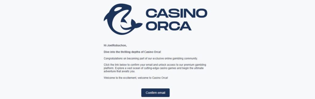 Casino Orca confirmation inscription